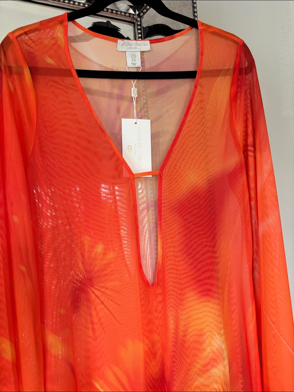 NWT Caroline Constas Orange Tropical Mesh Sheer Cover-Up Maxi Size Large - Picture 7 of 8